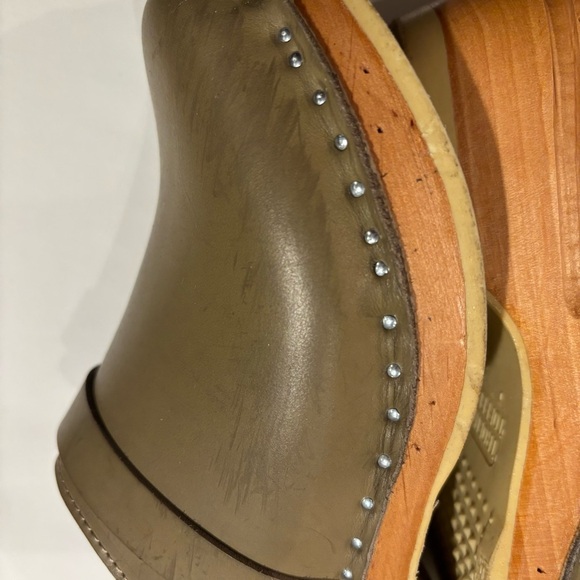 TROENTORP Sz 38 Olive Green Leather Wooden Soles Slip On Clogs - Picture 6 of 12